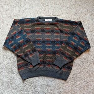 Jantzen Sweater Mens 2X Big Multi-Color Vintage 90s Geometric Knit Made in USA
